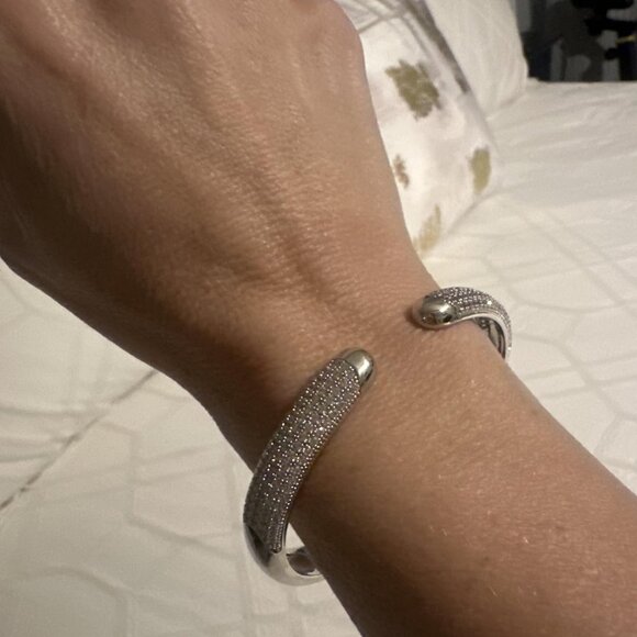 Neiman Marcus 14K White Gold Plated Cubic Zirconia Pave Bangle Cuff Bracelet - Picture 1 of 6